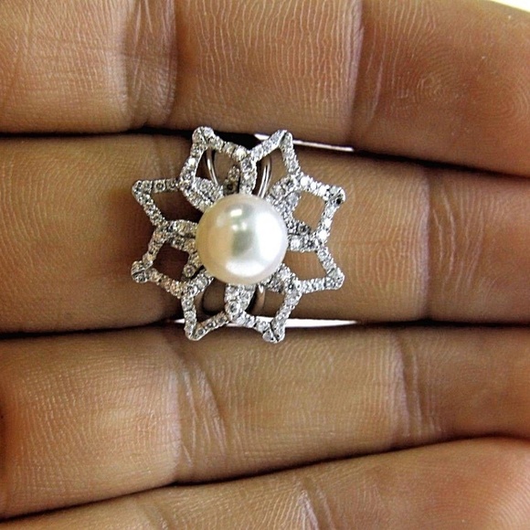 Pearl & Diamond Solitaire Ring 14k WG 1.00Ct 8.5mm